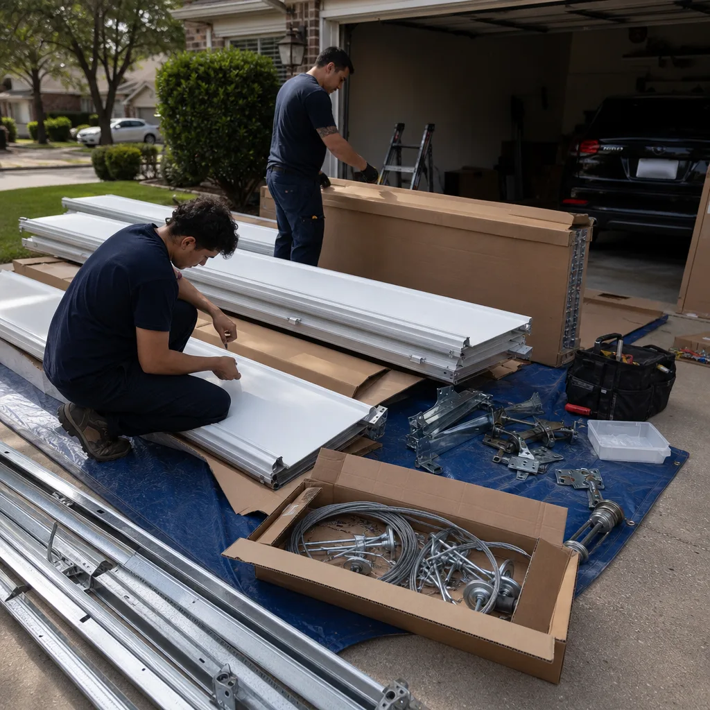 Two technicians assembling a new garage door for residential installation