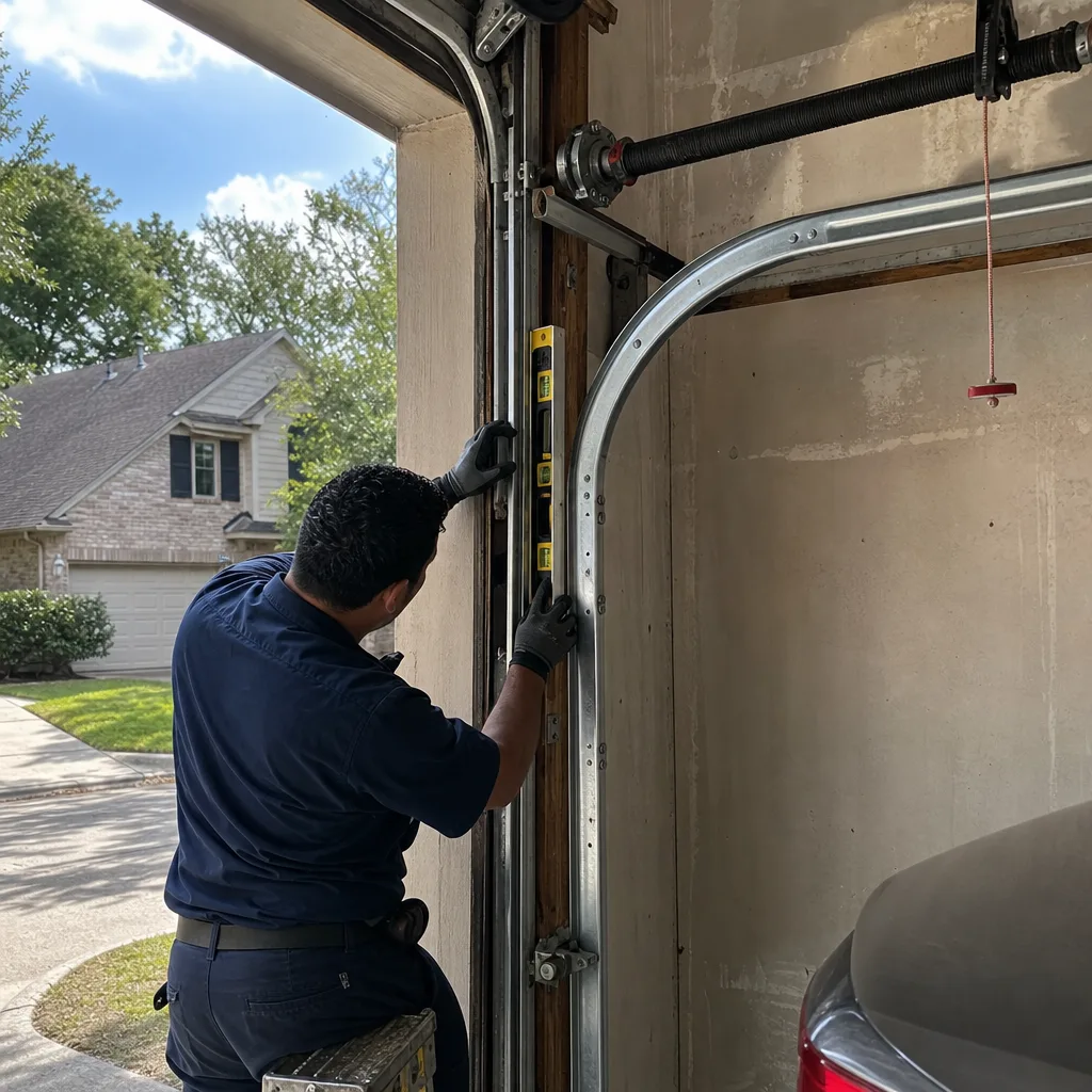 Technician using a level to repair a garage door track