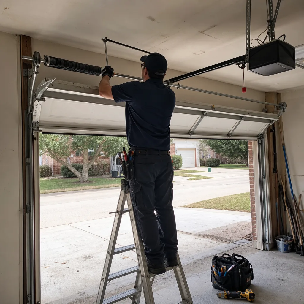 Technician performing professional garage door spring repair from a ladder