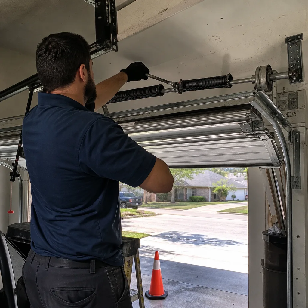 Technician performing professional garage door spring repair and maintenance
