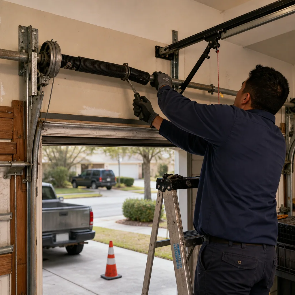 Technician performing professional garage door torsion spring repair on a ladder