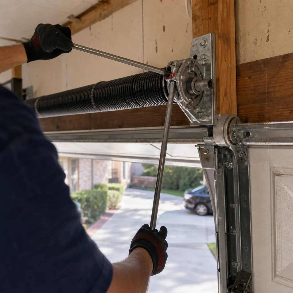 Technician performing professional garage door torsion spring repair